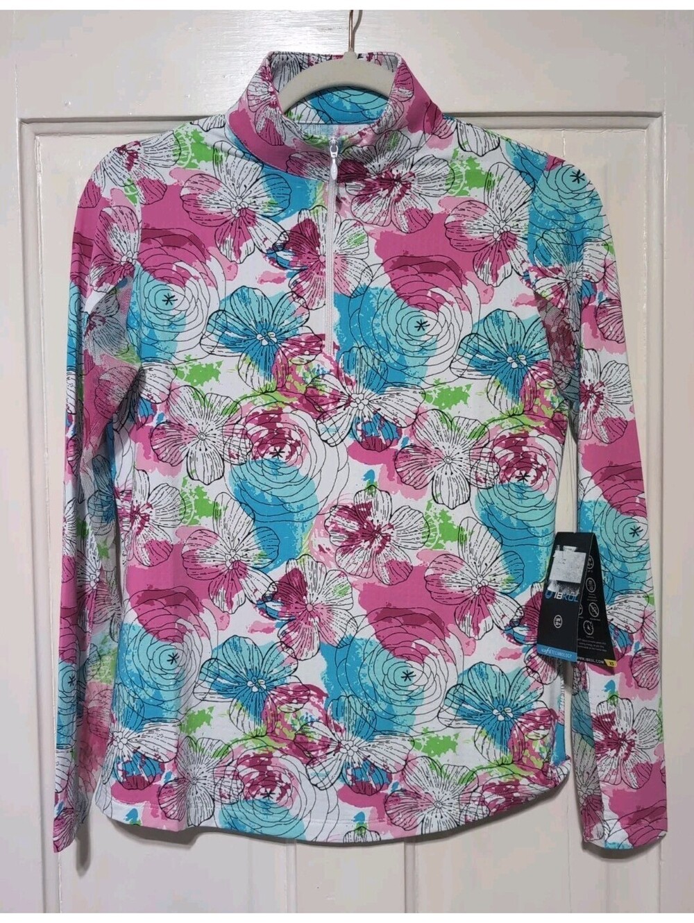 Ibkul Long Sleeve Zip Mock Neck Paddy Hot Pink Floral UPF Top Woman's XS(1627)F